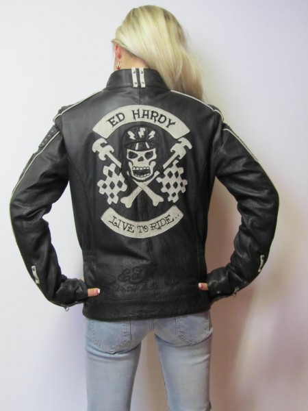 Ed Hardy Lederjacke schwarz, weiße Details und Motiv, Gr. S