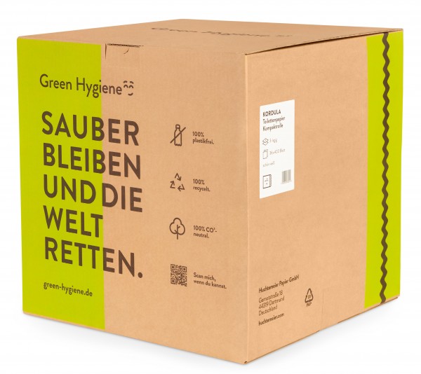 Kordula - Green Hygiene Toilettenpapier Kleinrolle, 3-lagig, 400 Blatt,100% Recycling, plastikfrei